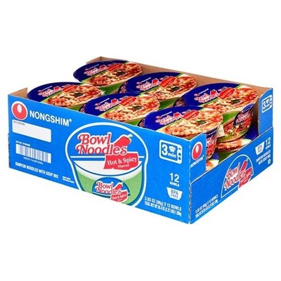Nongshim Bowl Noodle Hot & Spicy Ramen Noodle Soup Bowl, 3.03oz X 12, Shelf-Stab