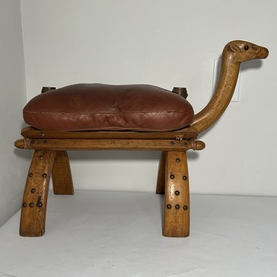 Vintage 1960's Hand Carved, CAMEL HEAD POMMEL SADDLE FOOT STOOL, Wood, Padded