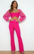 Nookie Illusion Crop sheer puff sleeve flare leg Hot Pink Pants SET size M Party