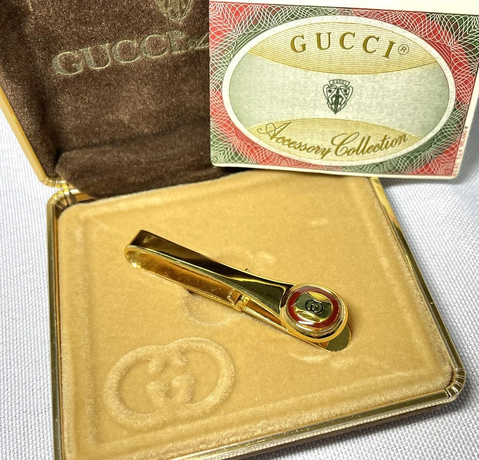 Auth [beautiful] Gucci Tie Clip Interlocking GG Logo Pin Bar Gold & Red - Image 2 of 4