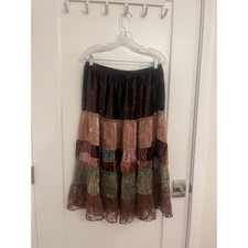 Vintage Y2K Whimseygoth Cottagecore Boho Velvet Tiered Patchwork Midi Skirt