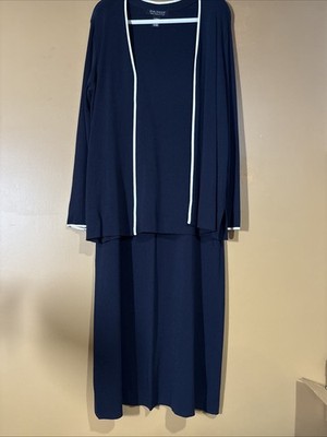 HC403. DIALOGUE NAVY & WHITE OPENED CARDIGAN SWEATER 36 Inch Long Skirt Large