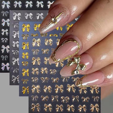 4Pcs Bow Nail Art Stickers with Charms Metallic Nail Decals 5D Embossed Bow Stic