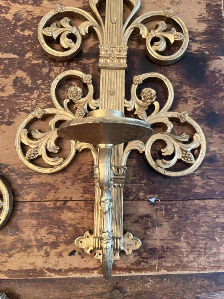 "Aplique de pared vintage HOMCO dorado ornamentado flor candelabro cónico 21""" Foto 2 de 4