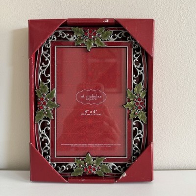 St. Nicholas Square Christmas 4x6 Picture Frame Enameled Holly Red Rhinestones
