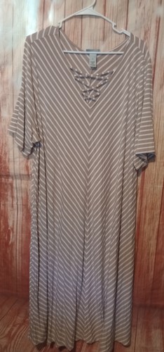 Catherine's Tan Stripe Short Sleeve Vneck Dress Sz 3X