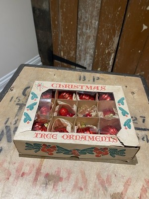 Schachtel Vintage rot Glas Christbaumschmuck Deko Weihnachtskugel Kugeln