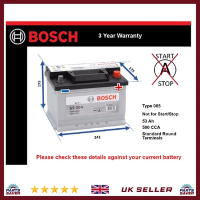 Battery fits FORD ESCORT Bosch 065 500A 53Ah 3Yr Warranty 242x175x175 - Image 1 of 4