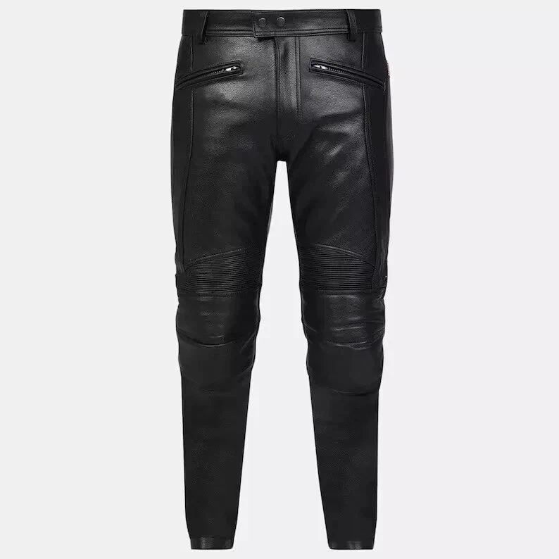 Men's Stylish Black Genuine Leather Pants Zipper Closure Real Lambskin