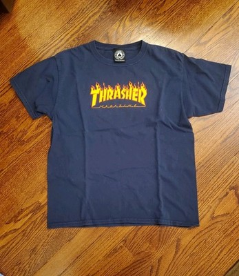 Thrasher Tee Shirt Kids Size 10-12 Navy Graphic Skateboarding Flame Short Sleeve