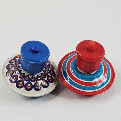 Lot Of 2 Tin Art Litho Spinner Toy Tops Art Deco MCM 1.75'' Vtg