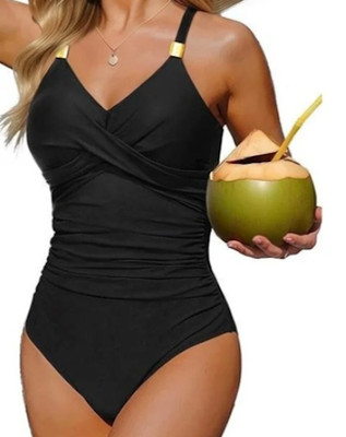 NWT Tempt Me Women's Tummy Control Black Gold Metal One Piece Swimsuit - Size M