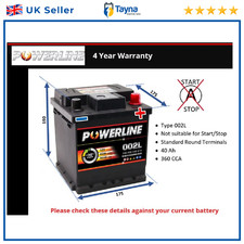 Battery fits BMW i3 2013 on 002L 330A 40Ah 4Yr Warranty 175x175x190 Powerline
