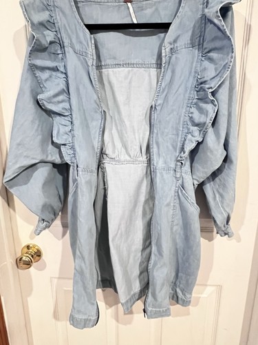 Free People Imogene Mini Dress Denim Ruffle Zip Front Belted Size Small - Picture 8 of 19