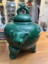 Vintage JARU California Ceramic Sculpture Cookie Jar Vase Lion Head Face Green