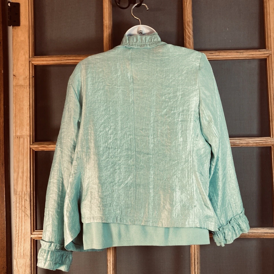 Rafael Mujer 2 Piezas "Chaqueta Top Open con Volantes Talla PL 19x24"" Verde Aqua Imitación Perla" Foto 2 de 4