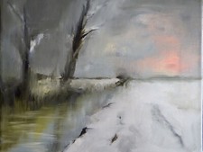 Original small oil painting of a winter landscape snow field on linen