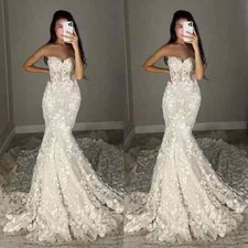 Mermaid Wedding Dresses Strapless Lace Applique Sweep Train Lace Up Bridal Gowns