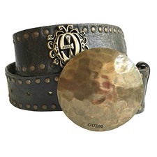 Vintage Guess Brown Leather Belt Womens Studded Brass Size S/M Medium 31-35"