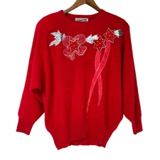 Gigiony Angora Wool Blend Vintage 80's Red Poinsettia Sweater Womens Size Large