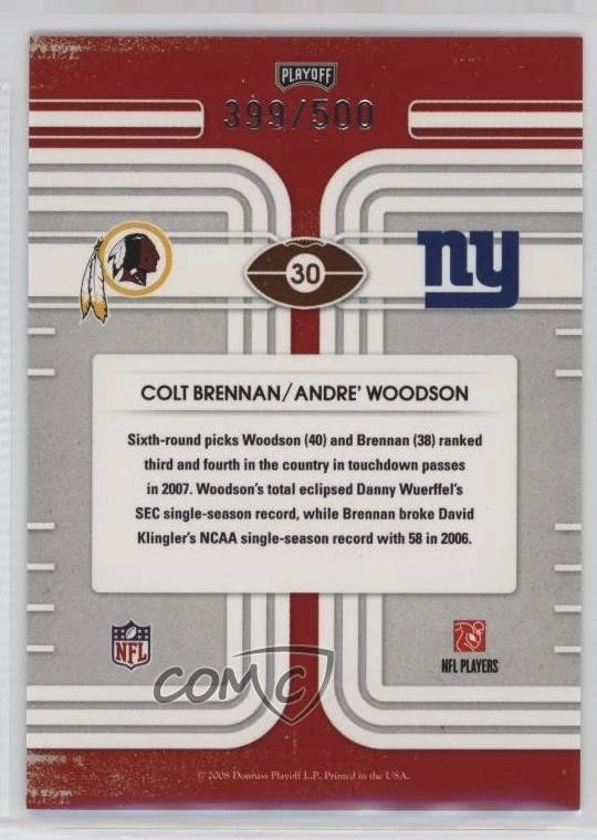 2008 Playoff Contenders Round Numbers /500 Colt Brennan Andre Woodson Rookie RC - Image 2 of 2