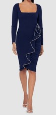 Betsy  Adam Women's Blue Embellished Ruffled Sheath Dress Size 6