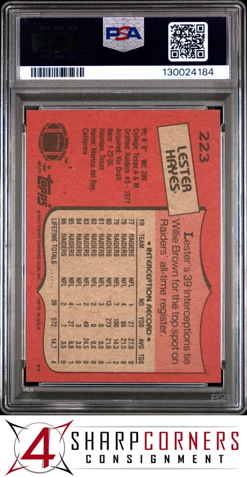 1987 TOPPS #223 LESTER HAYES RAIDERS PSA 9 - Image 2 of 3