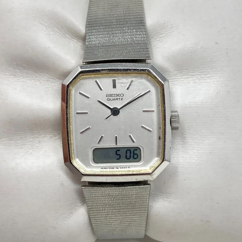Vtg Seiko Watch Women 22mm Silver Tone Analog Digital E029-5310 New Battery TINY