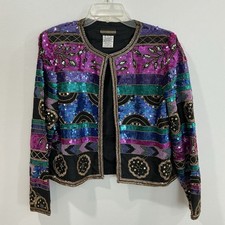 Vintage Sequin Beaded Bolero Jacket Blazer Evening Sz L 1980s 100 Silk Event