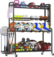 Oversized Sports Equipment Organizer with Wheels, Hooks & Baskets - Black
