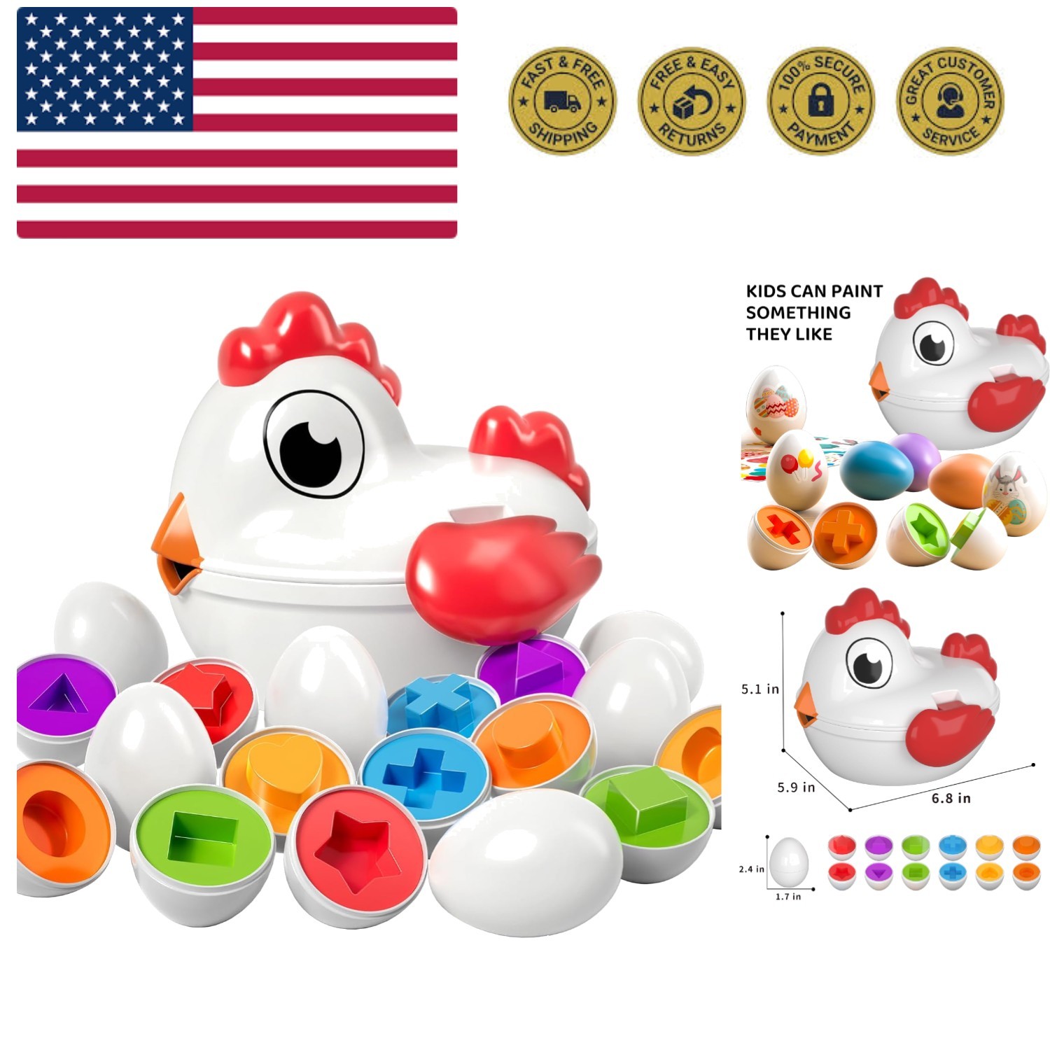 Toddler Chicken Easter Eggs - Color Matched Game Shape Sorter with 6 Toy Eggs...