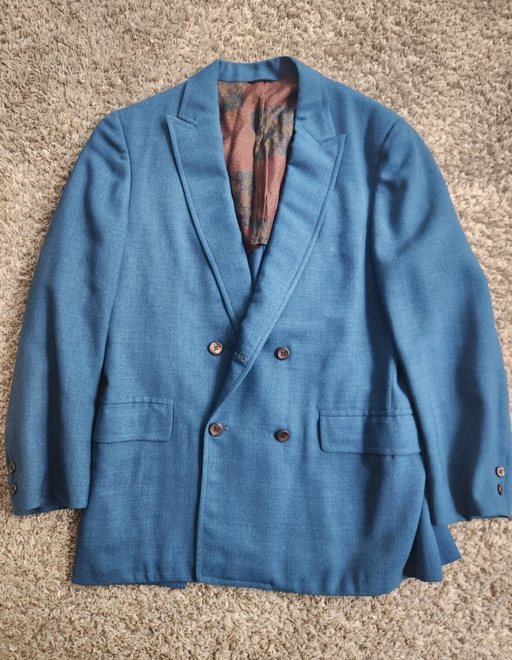 Vintage 1950s Retro Double Breasted Sport Coat Men's 40S Short Cobalt Blue USA - Image 2 of 4