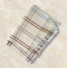 Soft Plaid Fringe Edge Scarf Brown Cream Tan Cold Weather Outdoors 