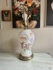 Vintage Hollywood Regency Iridescent Milk Glass Floral Table Lamp Calla Lily