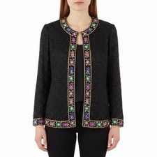 Lawrence Kazar Womens Black Beaded Silk Jacket  Top Floral Embellished Sz 2X