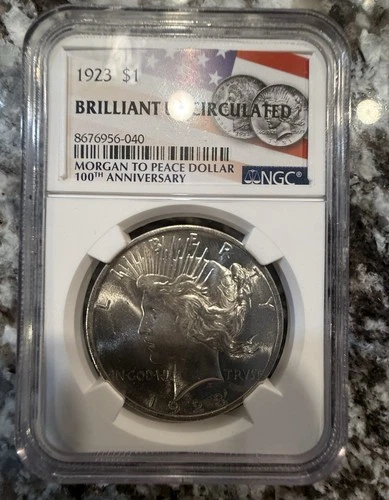 1923 PEACE DOLLAR NGC "BRILLIANT UNCIRCULATED" 100th ANNIVERSARY HOLDER. NICE