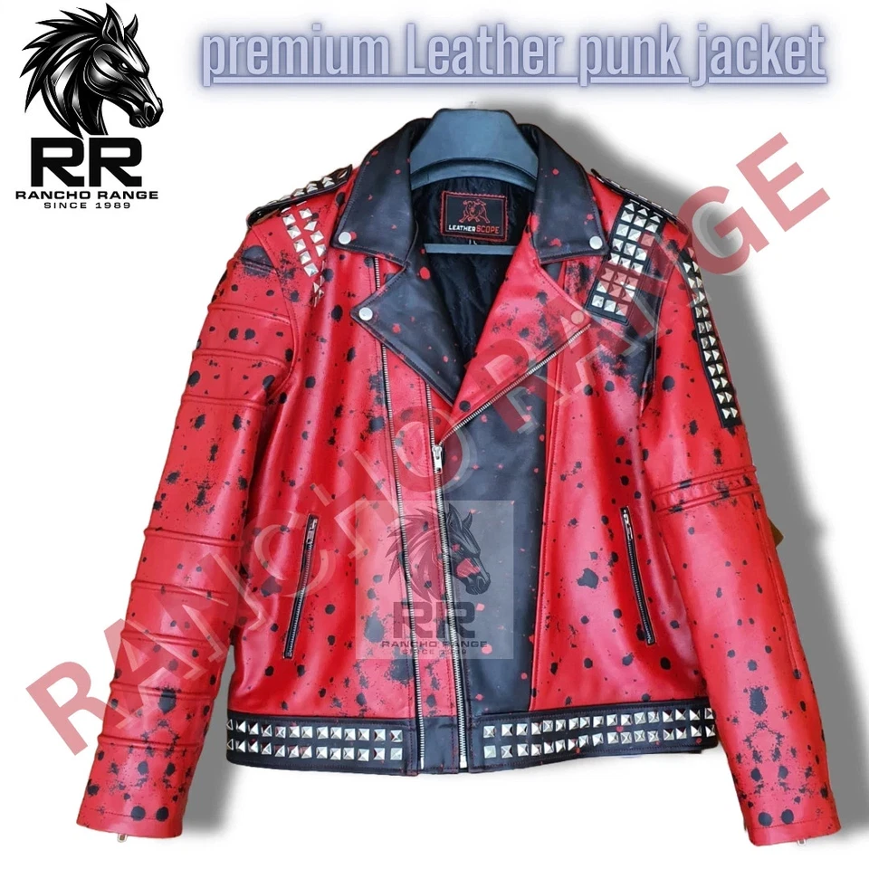 Men's Red Punk Leather Jacket with Silver Studs |Pure Leather Biker Style| 2 Mo - Image 2 of 3