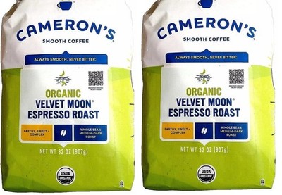 2 PACK Cameron's Organic Velvet Moon Whole Bean Espresso Roast Coffee 2 lb EA