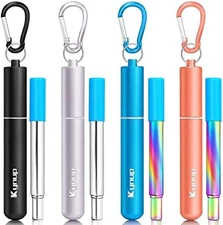 4 Pack Reusable Metal Straws with Silicone Tips & Cleaning Set