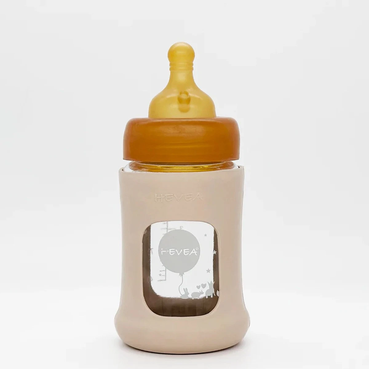 Hevea Wide Neck Baby Glass Bottle With Sleeve - Sand 150ml