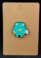 Frog with White Flower - Enamel Pin - Novelty - Animals - About 1 Inch High