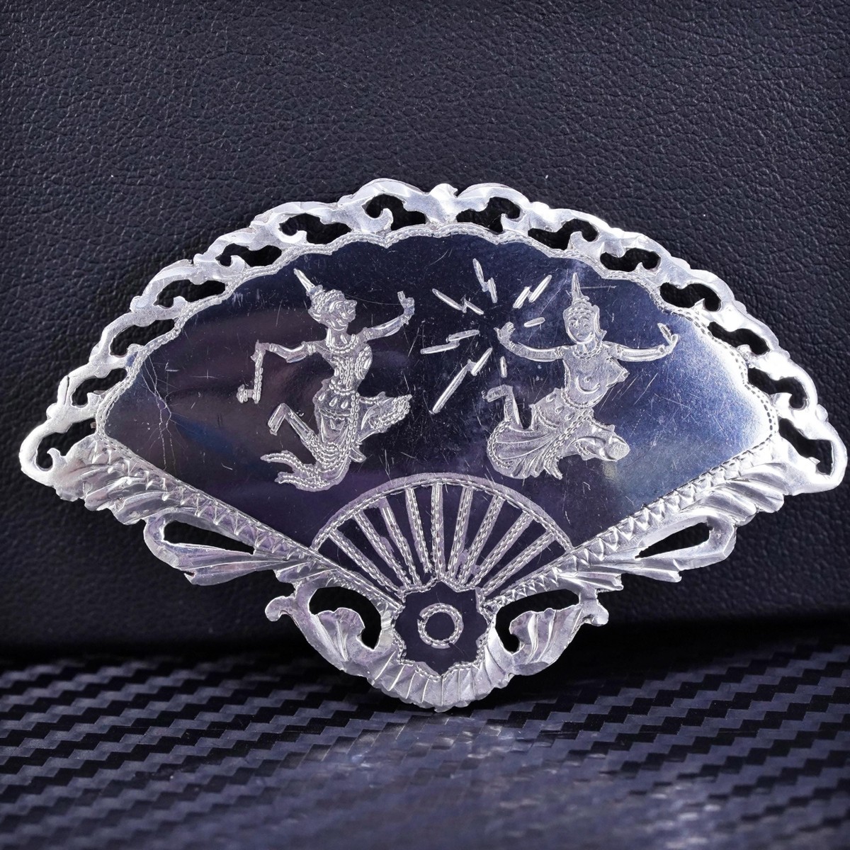 vintage Indian Siam sterling silver handmade brooch, 925 fan