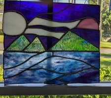 STAINED GLASS PANEL NIGHT MOUNTAINS WITH MOON