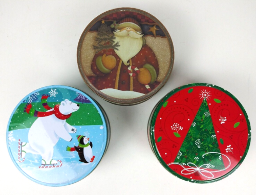 Lot de 3 boîtes de Noël Lindy Bowman 5 pouces rondes pingouin ours arbre du Père Noël - Photo 1/22