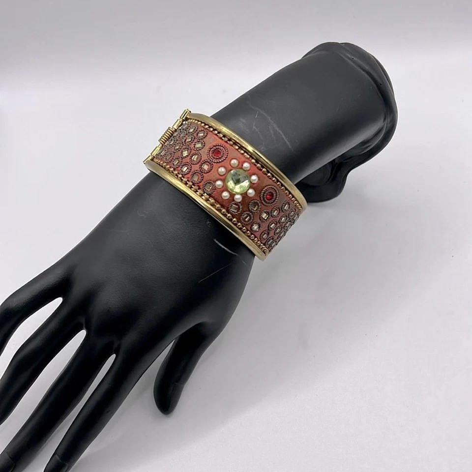 Brazalete Bohemio Boho Tono Dorado Rojo Cuentas Estrás Joyería con Bisagras Foto 2 de 4