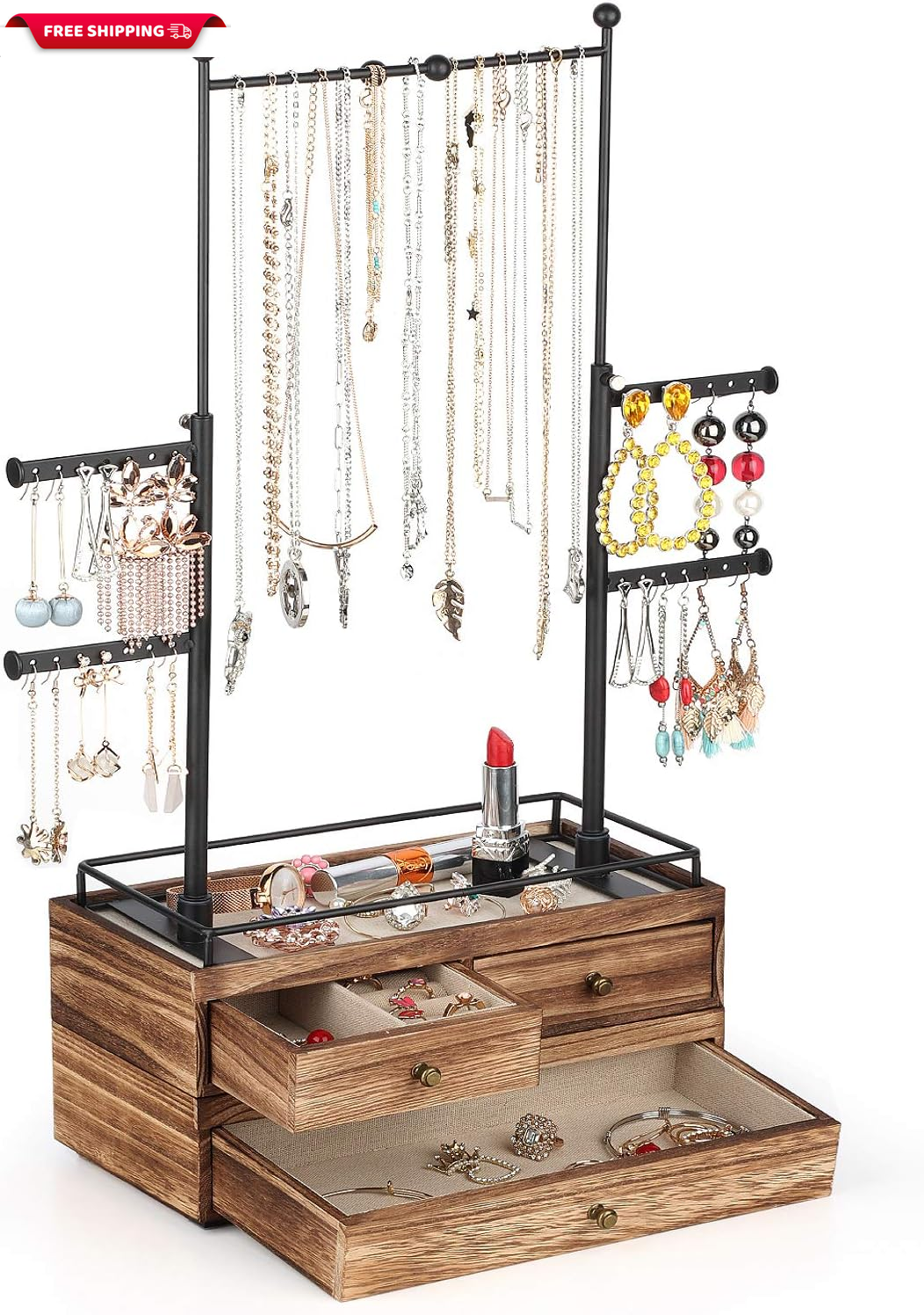 Jewelry Organizer - 2 Layer Wooden Jewelry Drawer Storage Box with 6 Tier Jewelr-image