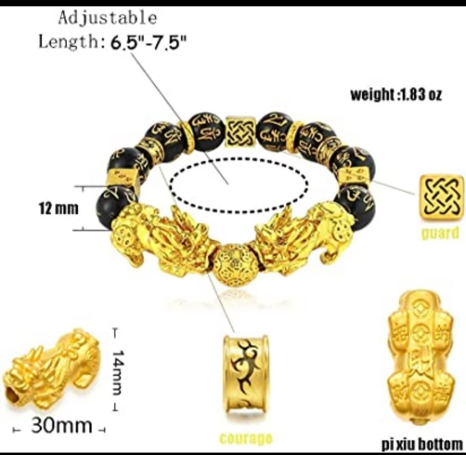Brazalete Feng Shui Riqueza de la Suerte Pi Xiu Pi Yao 2 piezas Cuentas Negras Obsidiana Dorado Foto 4 de 4