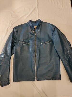 Vintage Shields Electric Blue Cafe Racer Leather Motorcycle Jacket Size 42 - 44