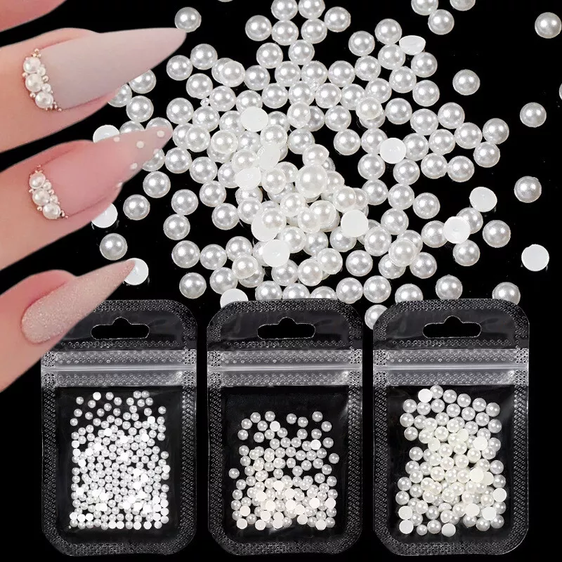 White Nail Art Tips Half Pearls Mix Size Rhinestone 3D Nail Beads  Decoration DIY