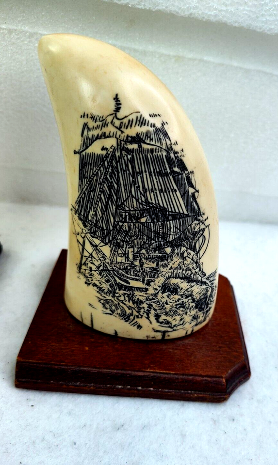 Replica Faux Scrimshaw 2 Whale Tooth Bookends Whaling Hunting Scene